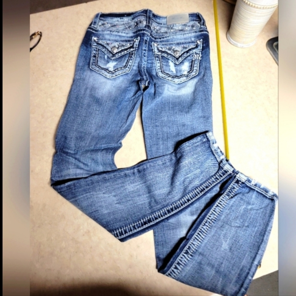 Miss me jeans size 26 mid rise skinny distressed, embellished-blue/silver - Picture 13 of 15